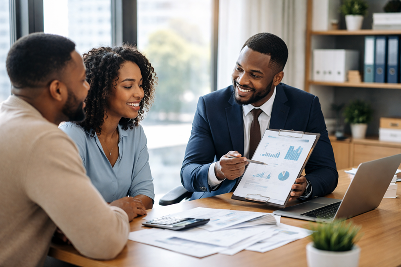 Black professional presenting financial charts in an office