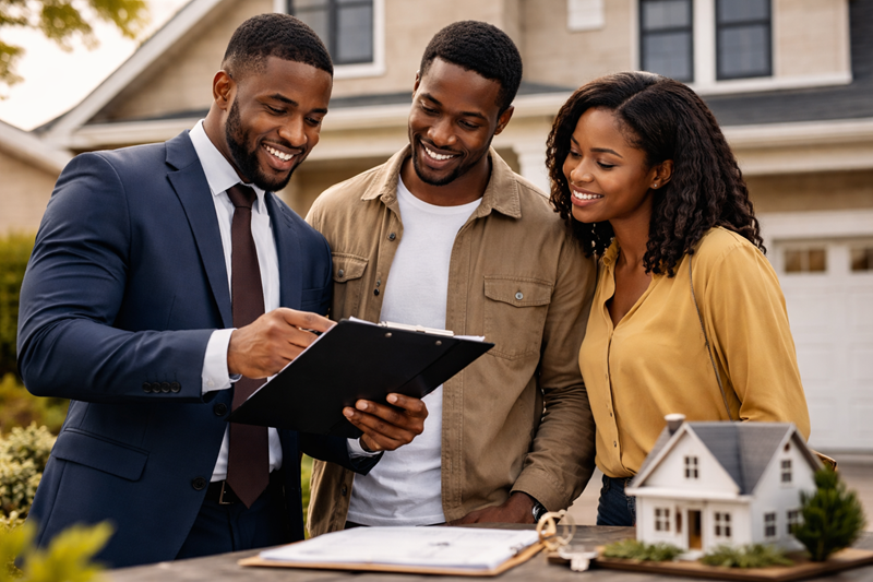 Black family sitting on the steps of a modern house