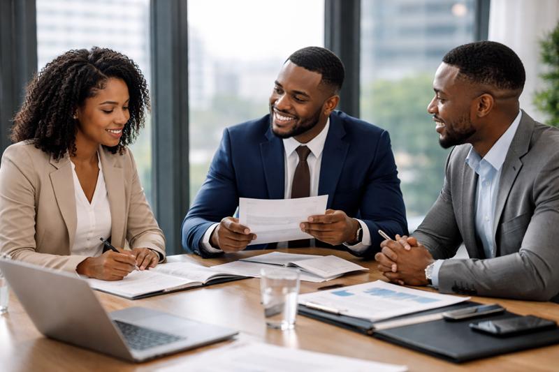 Black professional in an office presentation